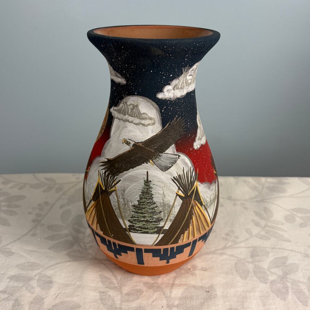 Sioux Pottery Vase Lakota Native American Art 10.5" signed Underbaggage